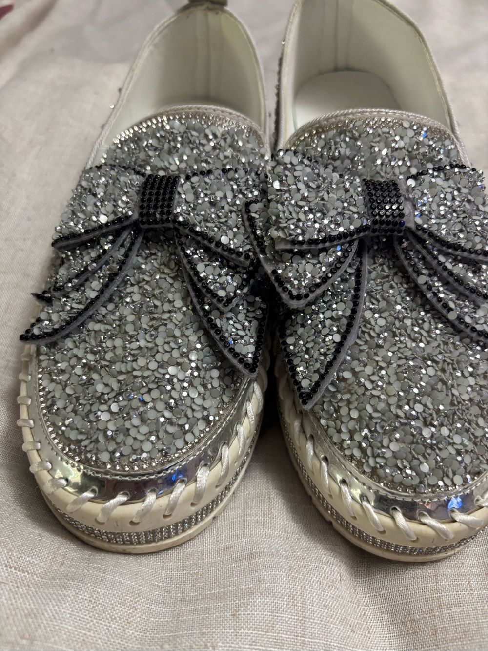 Women’s Silver Glitter Bow Slip-On Loafers